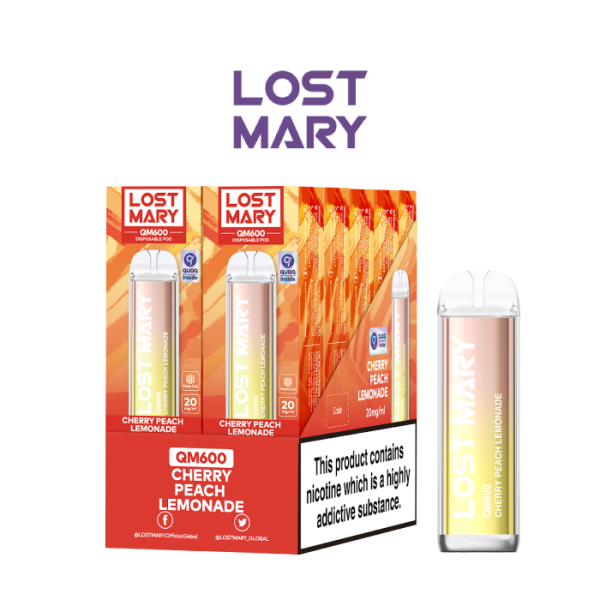 Estuche 10 uds – Lost Mary QM Crystal 600 pod desechable 20mg/ml nicotina – Limonada de Cereza y Melocotón