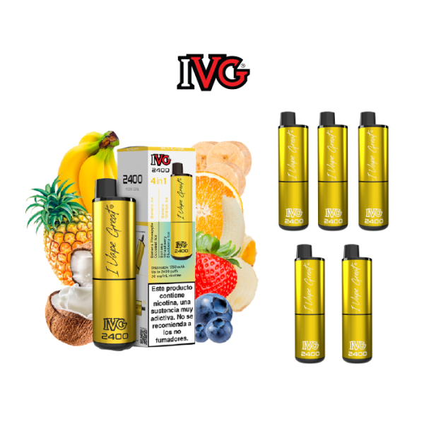 Estuche 5 pods desechables IVG 2400 puff 4 sabores en 1 con 20mg/ml nicotina – Banana Edition